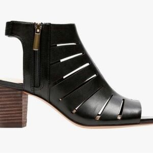 Clarks Black Leather Cutout Block Heel Sandal with Side Zip